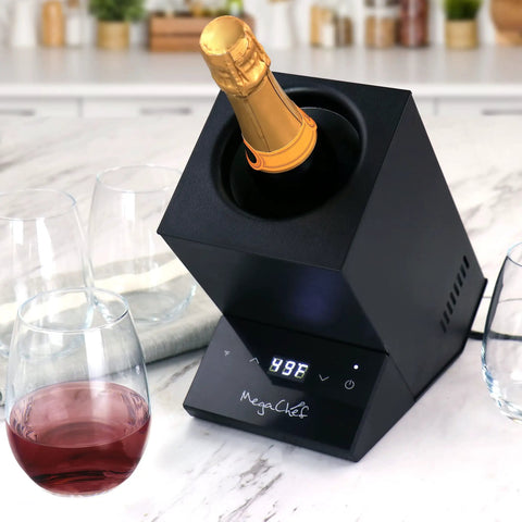 Black Electric Wine Chiller Single Bottle 25 Oz No Fuss Portable Cooler With Thermoelectric Cooling Copper Pipe Heat Sink