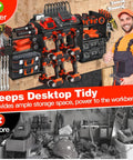Garage Grade Heavy Duty Wall Mount Power Tool Organizer With Charging Station in workshop, tools neatly stored