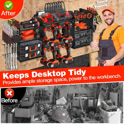 Garage Grade Heavy Duty Wall Mount Power Tool Organizer With Charging Station in workshop, tools neatly stored