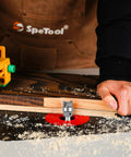 Heavy Hitter Carbide Flush Trim Router Bit With Top Bearing For Crisp Woodworking Cuts Quarter Inch Shank in use on wood.