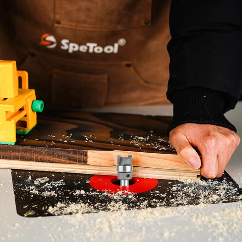 Heavy Hitter Carbide Flush Trim Router Bit With Top Bearing For Crisp Woodworking Cuts Quarter Inch Shank in use on wood.