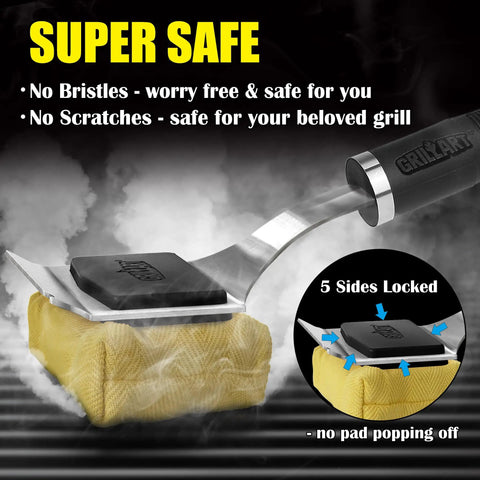 Bristle Free Grill Brush With Steam Cleaning Safe Non Metallic Pad Replaceable Head For Any Grill Grate 17 Inch Long Handle One Fit All Scraper Outdoor BBQ Cleaner Tool Gift For Men Dad