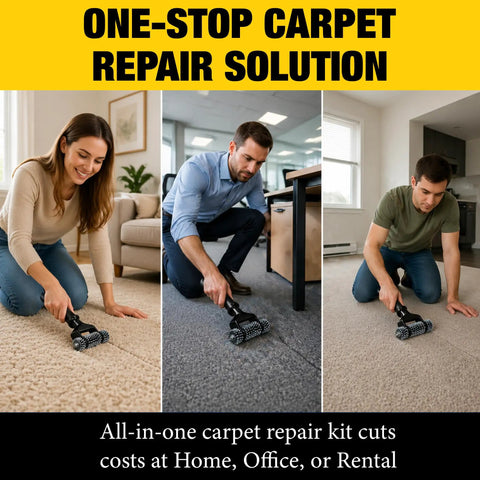 Upgraded Carpet Patch Repair Kit With Strong Double Sided Seam Tape For Living Room Hard Surfaces in use by individuals mending carpets.