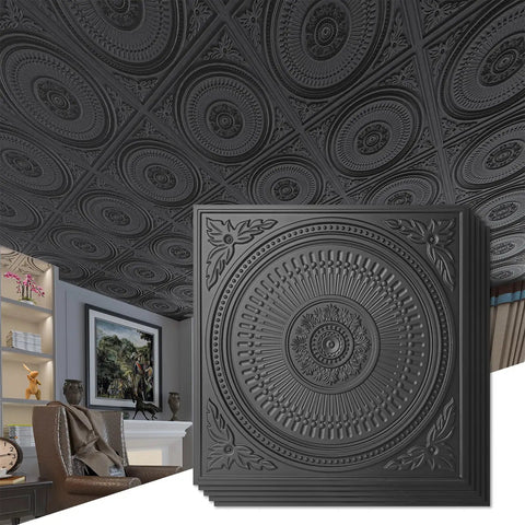 12 Pack Drop Ceiling Tiles 2x2 Ft Dope Black PVC Panels For Interior Kitchen Bathroom Basement Easy Install Waterproof Lightweight 24x24 Inch Decorative Ceiling Tiles For T Bar Grids