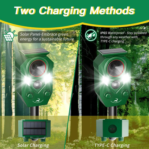 Solar Powered Ultrasonic Animal Repellent With Motion Sensor For Outdoor Yards And Gardens, LED Flashing Lights To Deter Deer Coyotes Raccoons And Cats, Humane Yet Effective Pest Deterrent For A Peaceful Pet Safe Yard. Solar and Type-C charging methods shown.