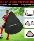 Child carrying folded 2 Pack 4x3 Feet Portable Kids Soccer Goals For Backyard Practice Pop Up Easy Setup Indoor And Outdoor Training Kit.