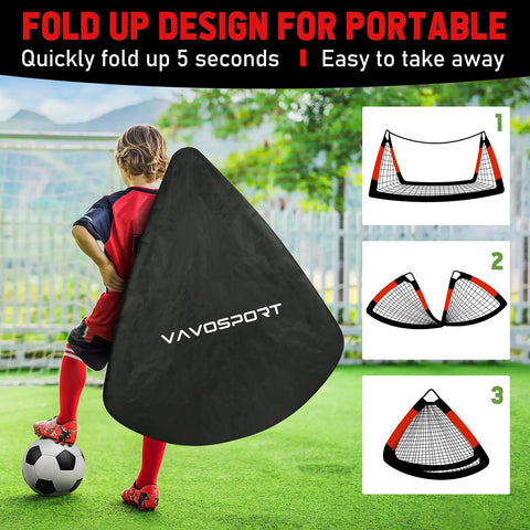 Child carrying folded 2 Pack 4x3 Feet Portable Kids Soccer Goals For Backyard Practice Pop Up Easy Setup Indoor And Outdoor Training Kit.