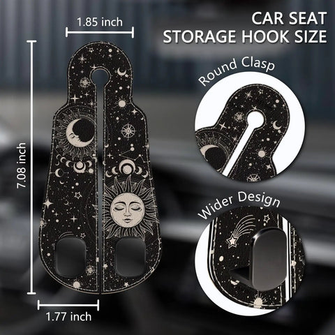 Two Piece Car Seat Headrest Hooks For Purse And Tote Bag Storage Chill Sun Moon Vibe with detailed size and design features.