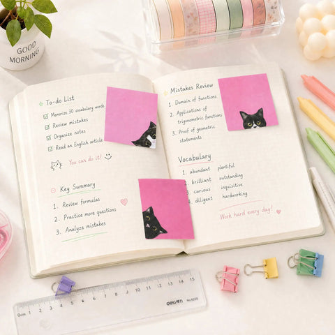 Black Cat Sticky Notes 3 By 3 Inch Set Stick Like Crazy For Back To School And Office Use on notebook with tasks.
