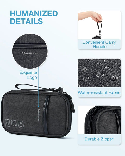 Cord Organizer Travel Kit For Chargers And Cables, Slim Single Layer Tech Bag with water-resistant nylon and durable zipper, black.