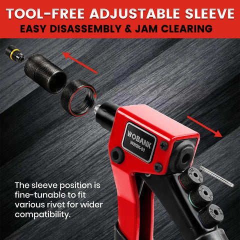 Rivet Gun Kit With 430 Aluminum Rivets, 4 Drill Bits And Protective Gloves In Portable Carrying Case For Home Workshop And Sheet Metal Projects, Great For Repairs And DIY Metalwork. tool-free adjustable sleeve on manual rivet gun