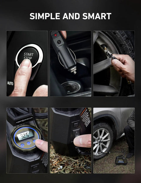 Tire Inflator Portable Air Compressor For Cars With Fast Inflation Digital Pressure Gauge Auto Shut Off LED Light 12V DC Powered 9.8 Ft Cord Great On The Go Car Tire Pump For Home And Roadside Emergencies, compact black plastic unit with digital display and hose