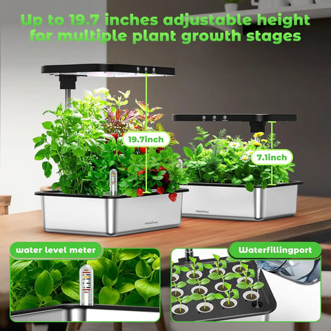 Indoor Hydroponics Grow Kit With 15-Pod Herb Garden, 24W full spectrum light, adjustable height, quiet pump, stainless steel reservoir