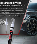DIY Pro-Grade Wheel Rim Touch Up Paint Kit - Matte And Gloss Black Pens For Curb Rash Scratches And Chips Fast-Drying Long-Lasting OEM Finish 2-Pack For Aluminum And Steel Wheels At Home displayed with dual-tip pen and car wheel close-up