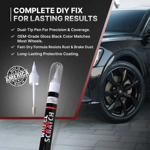 DIY Pro-Grade Wheel Rim Touch Up Paint Kit - Matte And Gloss Black Pens For Curb Rash Scratches And Chips Fast-Drying Long-Lasting OEM Finish 2-Pack For Aluminum And Steel Wheels At Home displayed with dual-tip pen and car wheel close-up