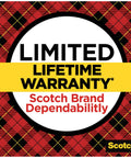 Limited lifetime warranty text on red plaid pattern with Scotch Brand logo, emphasizing product dependability.