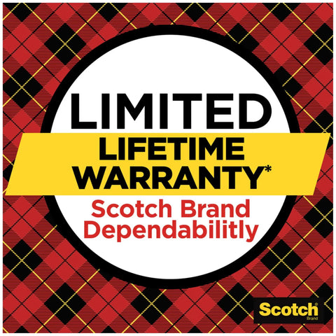 Limited lifetime warranty text on red plaid pattern with Scotch Brand logo, emphasizing product dependability.