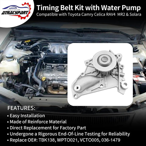Toyota Timing Belt Kit With Water Pump Fits 1987 To 2001 Camry Celica RAV4 MR2 Solara 2.0L 2.2L 3SFE 5SFE L4 DOHC 16V engine view