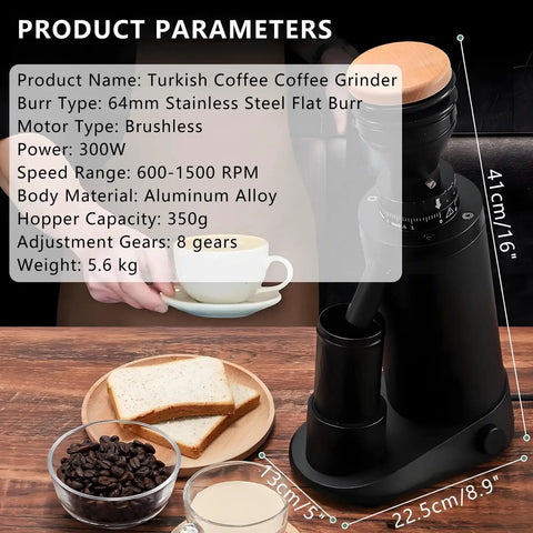 Premium Commercial Coffee Bean Grinder With Stepless Flat Conical Burrs 350G Large Capacity with black aluminum body and wooden top.