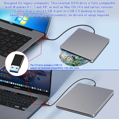 USB C External SuperDrive For Mac Slot In DVD RW Drive Aluminum Space Grey Compatible With Apple MacBooks Desktops Ultra Slim Aluminum Casing With Fingerprint Resistant Finish And Easy Plug And Play USB C Connection, silver USB DVD drive with cable
