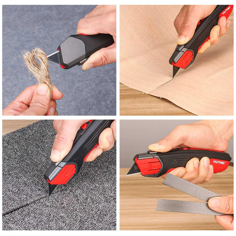 Heavy Duty Self Retracting Utility Knife With 4 SK2H Blades, Safety Box Cutter, Rugged Aluminum Alloy Body, Non Slip TPR Grip, Unique Blade Compartment, HT0414 Model For Pros On The Job Pro Grade cutting rope, wood, and fabric