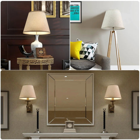 Set of two drum style fabric lamp shades for table and floor lamps with spider fitter dope natural linen handcrafted sturdy metal frame.