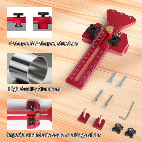 Thin Rip Jig For Table Saw And Router Table, Super Easy Narrow Strip Cutting, Fits Three Quarters Inch By Three Eighths Inch U Slot And One Quarter By Three Eighths Inch T Slot, Works With Band Saw And Router Table For Repetitive Precision Cuts, showing aluminum jig with T and U slots, scale markings, and components