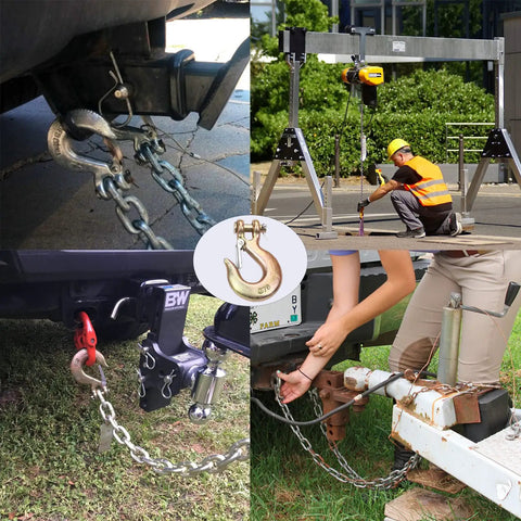 Badass Rock Solid Four Pack Of 5/16 Inch G70 Clevis Slip Chain Hook With Latch Forged Steel Heavy Duty Trailer Towing Gear Built Tough To Haul Weight Without Any Fuss On The Road, shown in towing and lifting applications.