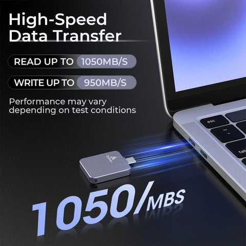 Ultra Fast External Portable SSD USB C Gen 2x2 20Gbps With 1050MBps Read And 950MBps Write connected to laptop