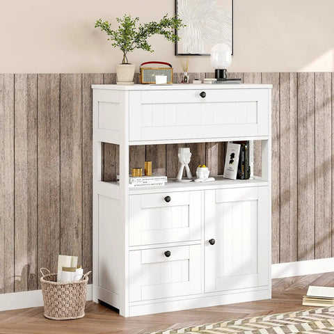 White space saving freestanding bathroom cabinet with one door and three drawers, modern floor storage organizer in living room.