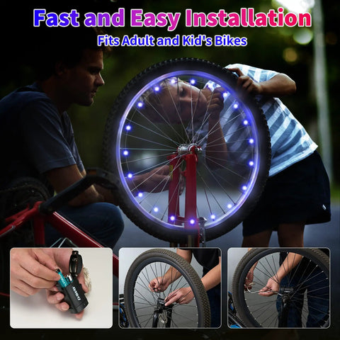 Child installing Blue LED Bike Wheel Lights for Two Tires, Bright Spoke Lights With Two Modes, on a bike for night rides.