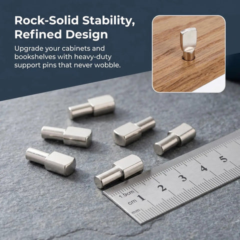 Heavy Duty 80 Piece 5mm Iron Shelf Pegs Nickel Plated Spoon Shape Cabinet Supports shown beside a ruler
