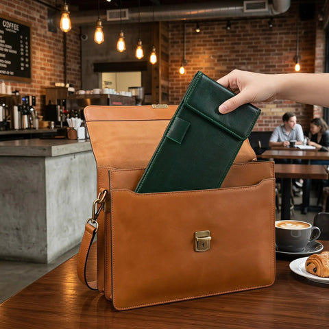 Double Layer Magnetic Signature Board With Soft Leather Cover And Built In Pen Sleeve For Restaurant Receipts And Office Signing Compact Counter Pad in a tan bag.