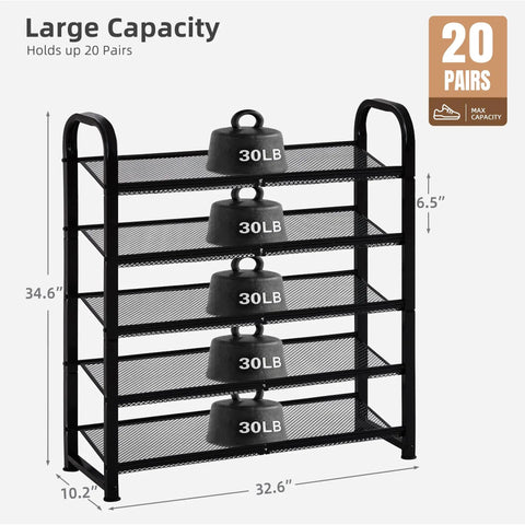 Sick Heavy Duty 5 Tier Metal Shoe Rack With Dense Mesh Shelves Holds All Your Kicks Solid Space Saving Entryway Footwear Organizer built for holding weights.