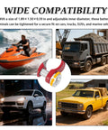 Heavy Duty Car Battery Terminals Including Positive And Negative Connectors For Rock Solid Connections Compatible With Trucks Boats And Daily Rides in four images showing compatibility with vehicles.