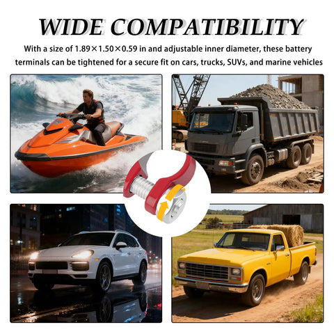 Heavy Duty Car Battery Terminals Including Positive And Negative Connectors For Rock Solid Connections Compatible With Trucks Boats And Daily Rides in four images showing compatibility with vehicles.