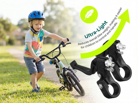 Child with bike and Kid Friendly Bike Brake Levers Universal 22mm Fit Short Reach Ergonomic Grips For Small Hands displayed