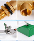 Close-up of Half Inch Brass Float Valve With Adjustable Arm And 40 PSI Water Level Controller components, including brass body and PVC float.