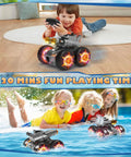 Child playing indoors with a Dope Amphibious RC Car With Water Gun For Land And Water Play Waterproof Submersible Gesture Sensing Stunt Vehicle Remote Control Toy