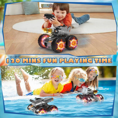Child playing indoors with a Dope Amphibious RC Car With Water Gun For Land And Water Play Waterproof Submersible Gesture Sensing Stunt Vehicle Remote Control Toy
