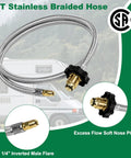 5ft stainless braided hose for RV Propane Kit With 4 Port Brass Tee, featuring soft nose POL and 1/4" inverted male flare.