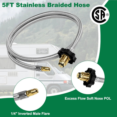 5ft stainless braided hose for RV Propane Kit With 4 Port Brass Tee, featuring soft nose POL and 1/4" inverted male flare.