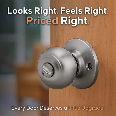 Heavy Duty Satin Stainless Interior Door Knob Set With Privacy Button installed on wooden door
