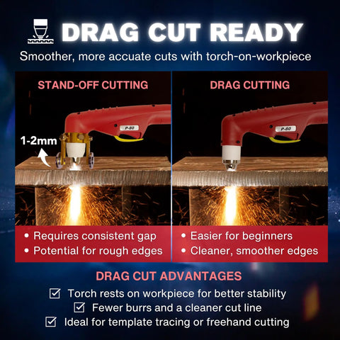Apex LTP8500 85A HF Pilot Arc Plasma Cutter with drag-cutting and stand-off cutting modes for smoother and cleaner cuts in fabrication.