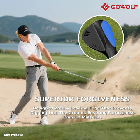 Golfer using 69 Degree Right Hand Forged Golf Wedge With Full Face Grooves CNC Milled in sand trap with focus on club features.