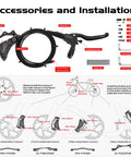 DYISLAND E-Bike hydraulic disc brake set, front & rear, black with 180mm rotors; 4/2-piston calipers, mineral oil.