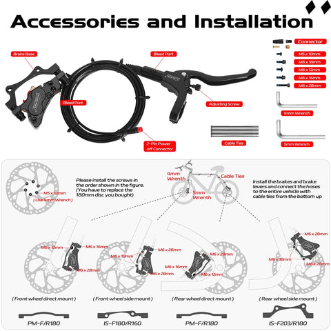 Beefed Up E Bike Hydraulic Disc Brake Kit Front And Rear With 4 Pistons And 2 Pistons Pre Bled With Mineral Oil 180mm Rotors 2.3mm