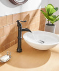 Oil Rubbed Bronze Vessel Sink Faucet Tall Waterfall With Single Handle One Hole Installation Solid Brass Vanity Lavatory RV Bathroom Faucet For Bathroom Sink next to a white bowl sink
