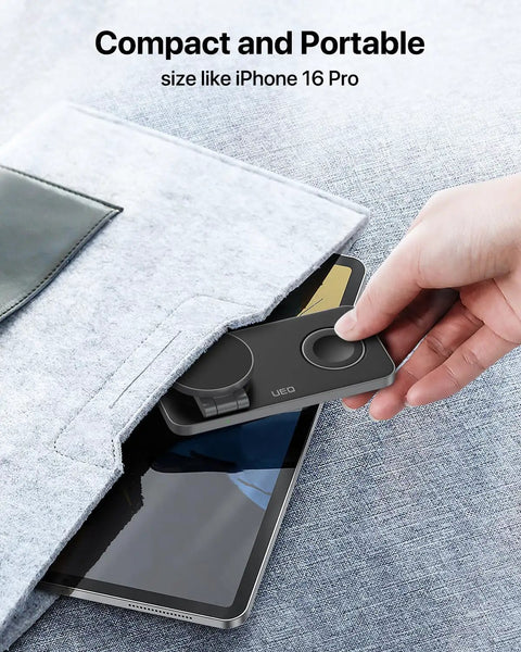 Foldable 3 In 1 Magnetic Wireless Charging Station for Apple MagSafe Charger Stand being placed in a bag