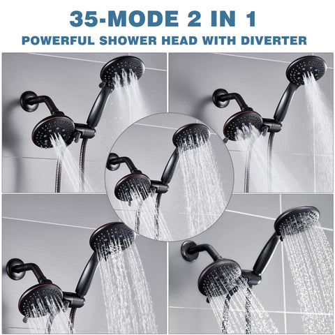 Shower Tub Kit With 2 In 1 Handheld And Rain Shower Head System, 35 Modes, showing multiple spray patterns, Oil Rubbed Bronze Finish